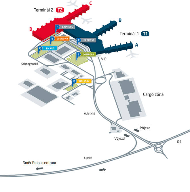 Схема расположения парковочных площадок в аэропорту Праги